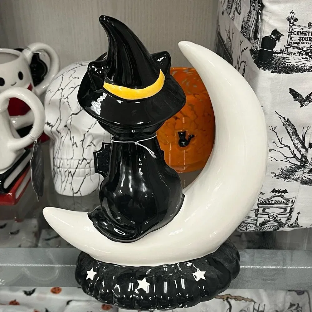 Bella Lux Halloween Black Cat Witch Crescent Moon Ceramic Figurine Decor